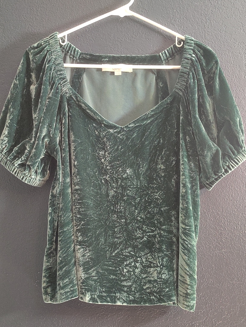 LOFT Dark Green Crushed Velvet Puff Sleeve Blouse Size XS